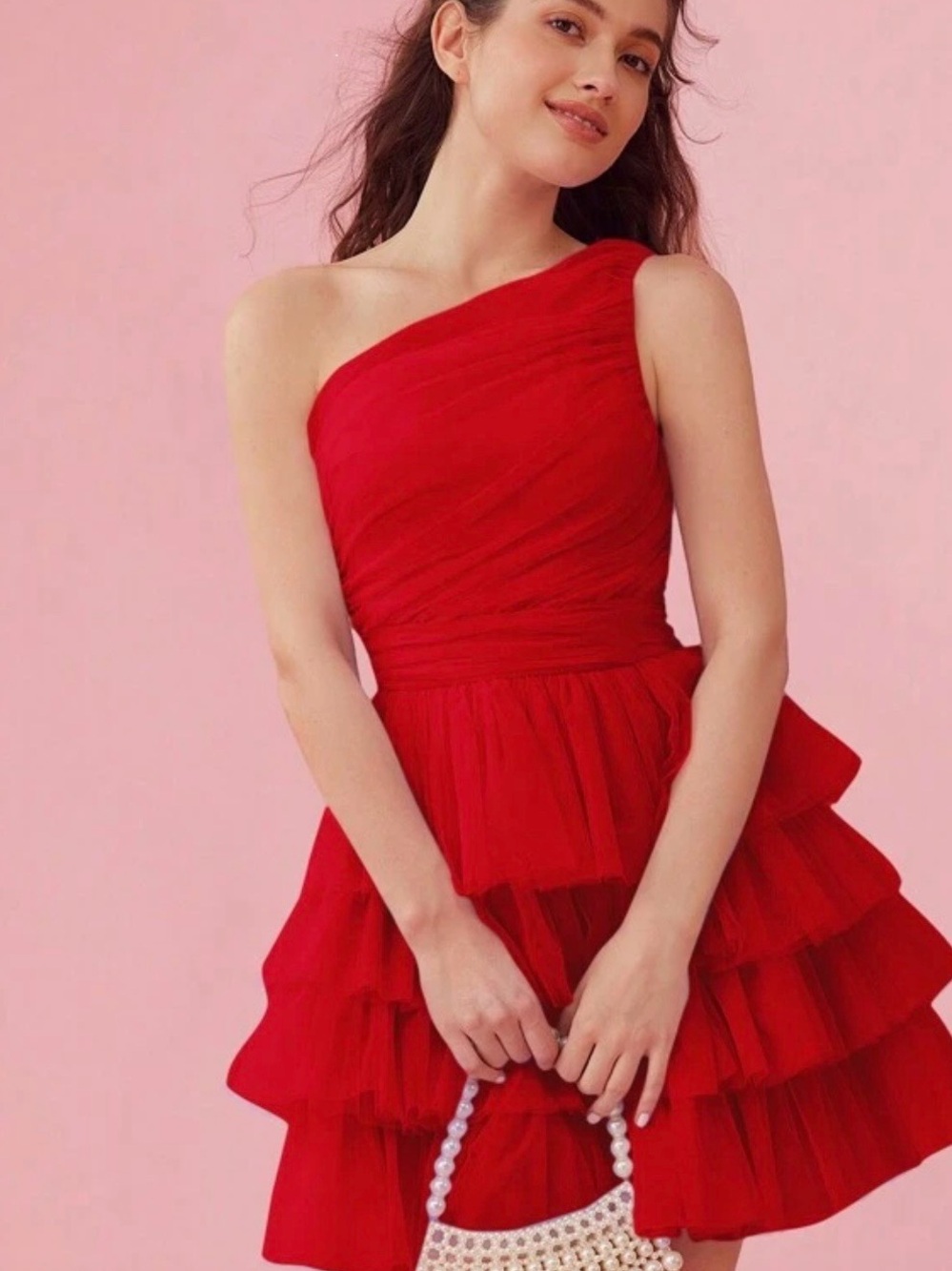SHEIN Red One-Shoulder Tiered Mini Dress Women’s Small-NWT never worn